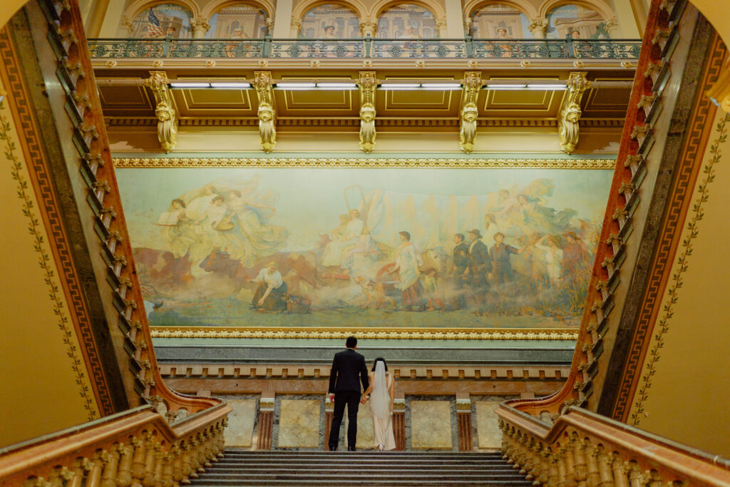 Iowa capitol elopement - eloping couple admiring scenery