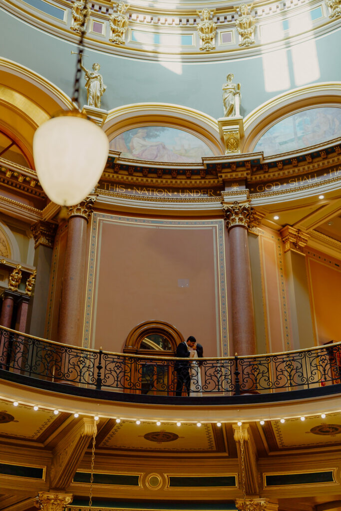Iowa capitol elopement - couple embracing