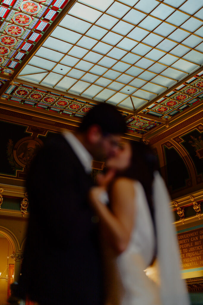 Iowa capitol elopement - couple kissing