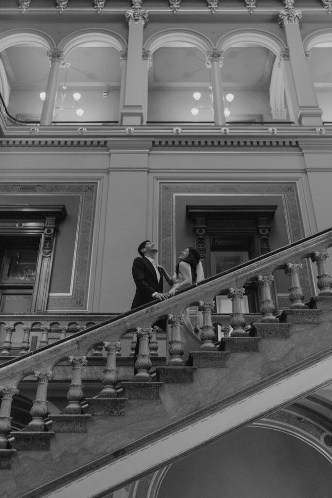 Iowa capitol elopement - black and white image couple laughing