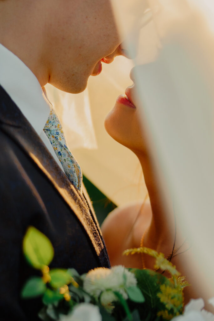 veil shot of eloping couple