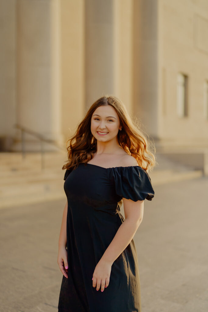 Professional business headshot of woman at Nelson-Atkins Museum in Kansas City