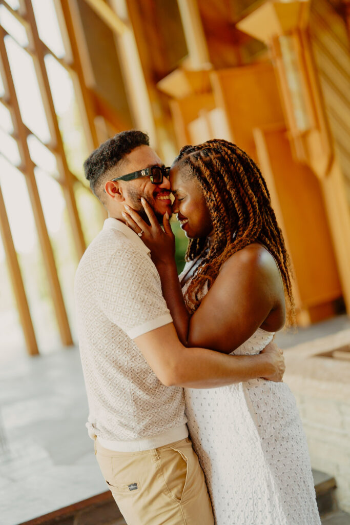 Romantic Powell Gardens proposal in Missouri couple embracing