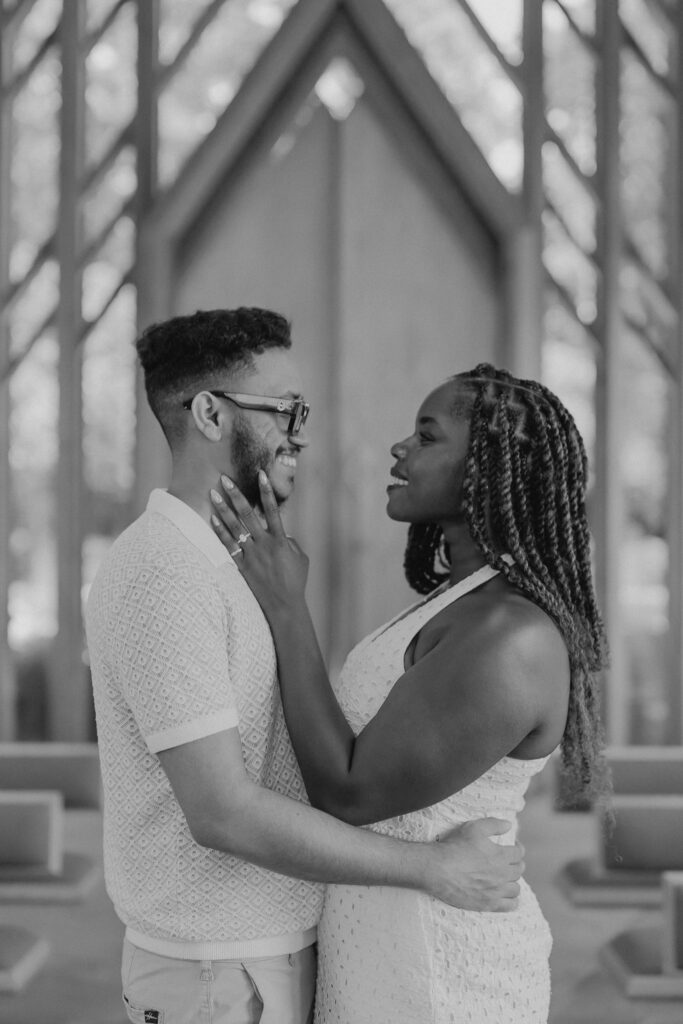 Romantic Powell Gardens proposal in Missouri couple smiling at each other
